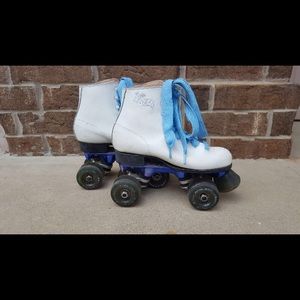 White and blue roller skates